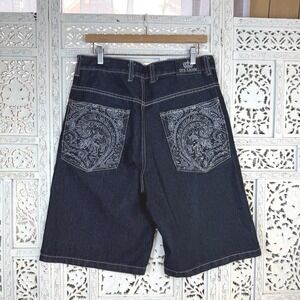 Old Skool Shorts 32 Dark Wash Y2K Embroidered Baggy Jorts Skater Rap Grunge